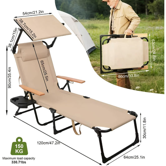 Folding Lounge Chairs for Outside, Beach Patio Lounge Chair with Canopy, Sunbathing/Tanning Chair with 4 Adjustable Backrest & Cup & Pillow, Holds 330 Lb, Outdoor Garden Pool