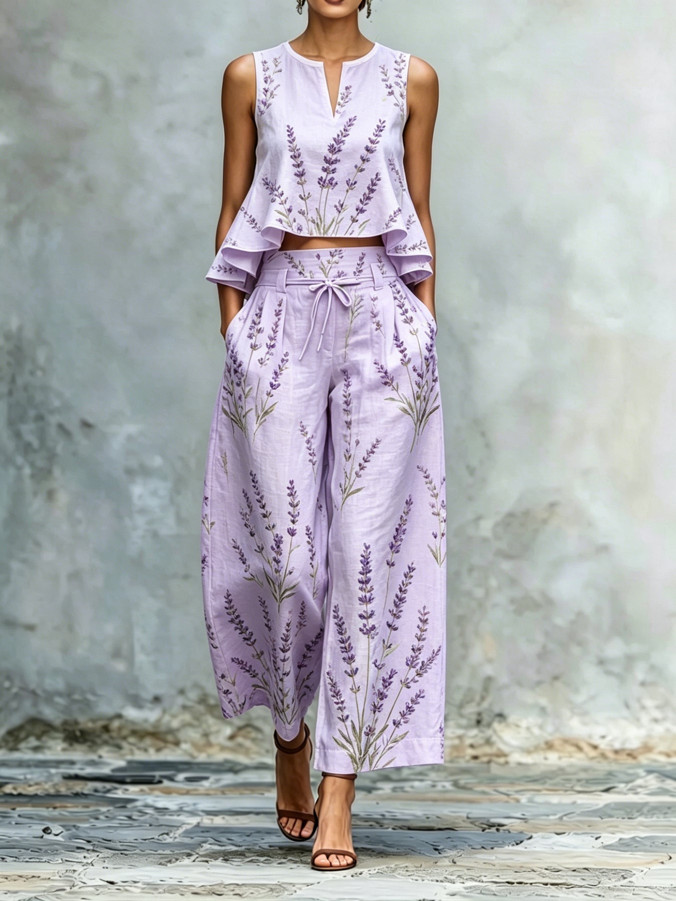 European And American Summer Sleeveless V-Neck Top And High-Waisted Wide-Leg Pants Set
