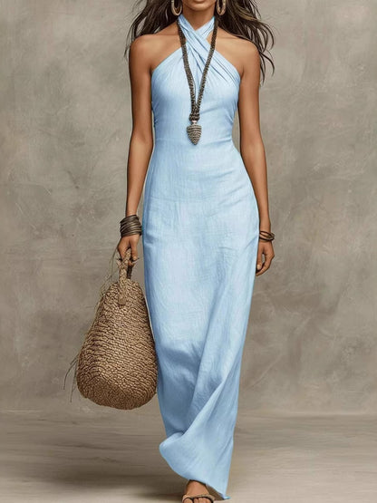 2026 New Halter Neck Linen Long Dress Casual Women'S Clothing