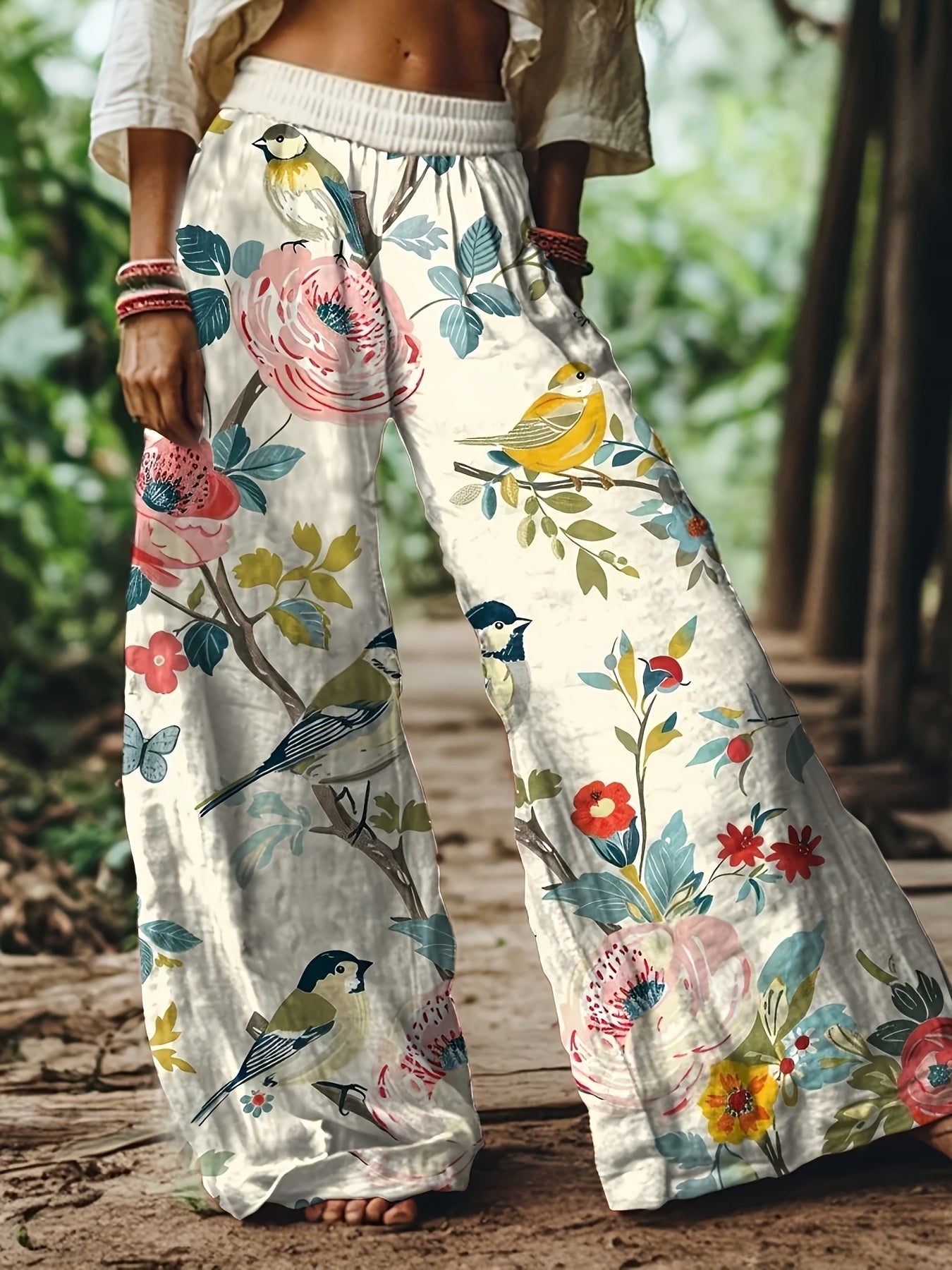 Women'S Boho Lemon And Hummingbird Print Wide Leg Pants, Elastic High Waist Casual Trousers, Lightweight Breathable Fabric, Loose Flowy Fit, Perfect for Summer Beach, Vacation And Daily Wear, All-Match Boho Style