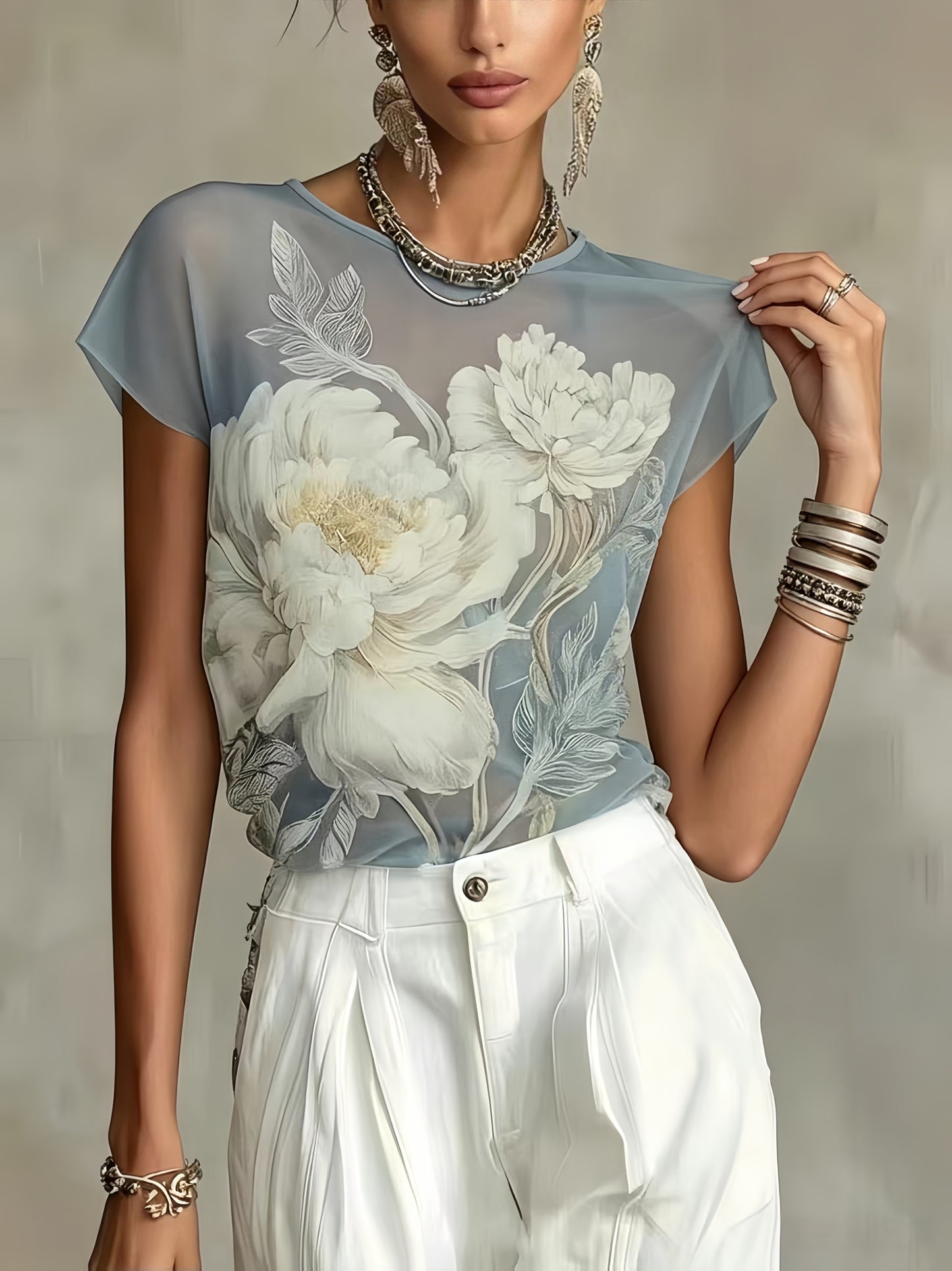 YYTT Women'S Fashion Elegant Commute Floral Print Chiffon T-Shirt Top Party Vacation Mesh Printed Short Sleeve T-Shirt