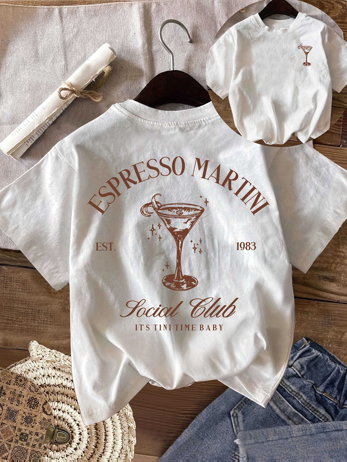 Women's Espresso Martini Print T-Shirt - Vodka & Juice Short Sleeve Round Neck Top, Casual Summer & Themed Outfit, Machine Washable for Lovers & Bartenders (- Wear)