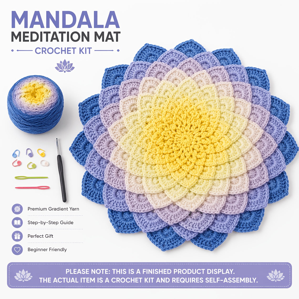 Mandala for Lotus Crochet Kit DIY Meditation Mat Gradient Yarn Set Cushion Wall Hanging All in One Kit with Video & Pattern Not Finished Product