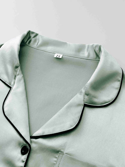 Women'S Solid Satin Casual Pajama Set, Short Sleeve Buttons Lapel Top & Shorts & Pants, Comfortable Relaxed Fit