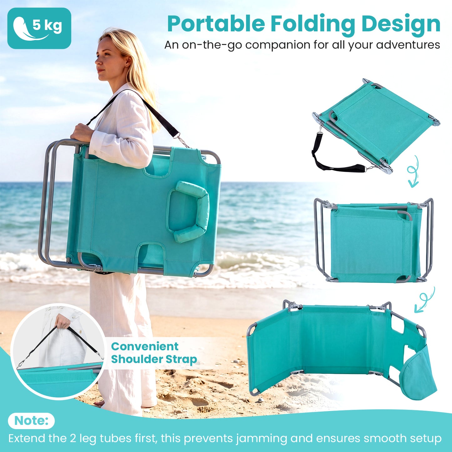 COSTWAY Outdoor Tanning Chair, Folding Beach Lounge Chair w/5-Position Adjustable Backrest & Storage Pocket, Portable Sunbathing Chair w/Face Hole, 2 Arm Holes & Removable Cushions for Beach, Poolside & Lawn
