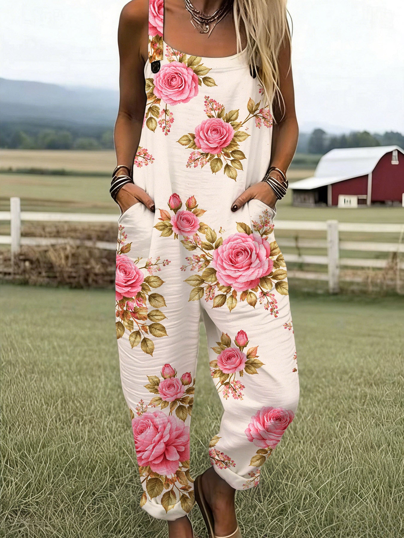 Pink Rose Floral Pattern Overalls Women Loose Overalls Elegant Summer Jumpsuit Feminine Vintage Romantic Style Slight Stretch Casual Comfort