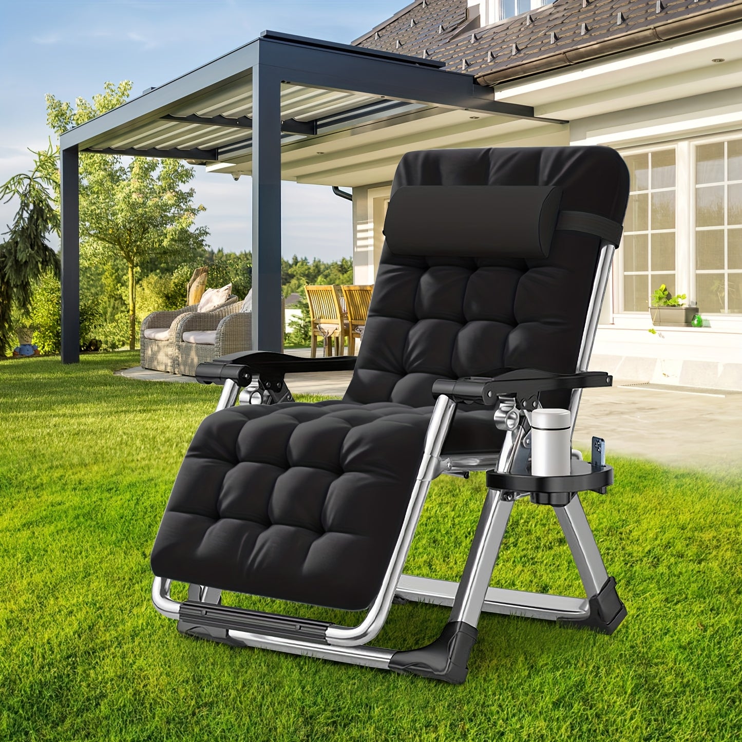 A Zero-Gravity Lounge Chair That Reclines, Featuring a Detachable Cushion And a Cup Holder, Suitable for Both Indoor And Outdoor Use. This Folding Recliner Can Support Weights of Up to 440 Pounds.