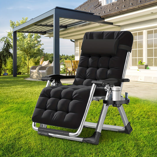 A Zero-Gravity Lounge Chair That Reclines, Featuring a Detachable Cushion And a Cup Holder, Suitable for Both Indoor And Outdoor Use. This Folding Recliner Can Support Weights of Up to 440 Pounds.