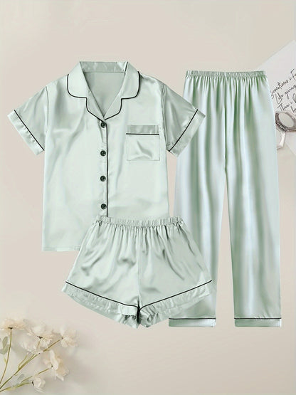 Women'S Solid Satin Casual Pajama Set, Short Sleeve Buttons Lapel Top & Shorts & Pants, Comfortable Relaxed Fit