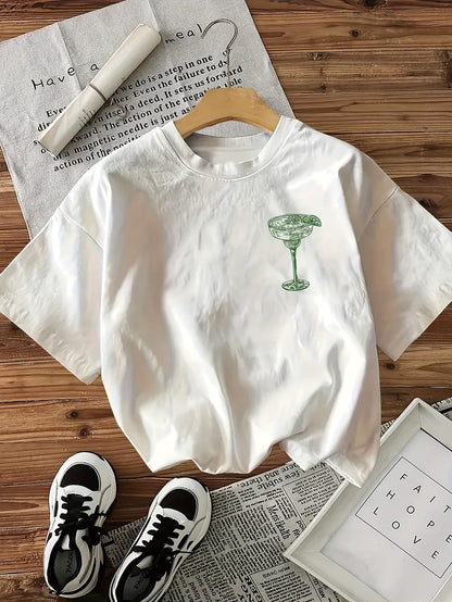 Casual Crew Neck Graphic T-Shirt for Women Featuring a Short Sleeve Design with 'Margarita Cocktail Club' Print