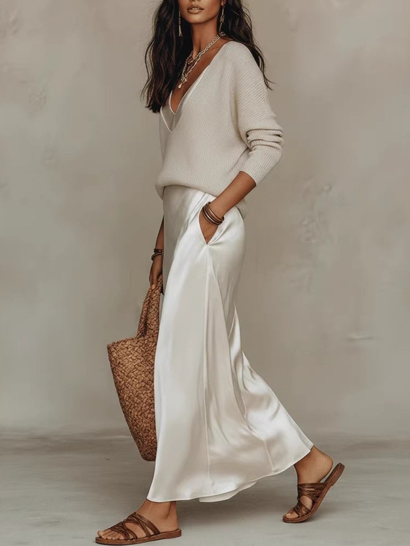 2026 New Gray 2pcs Outfit, Dropped Shoulder Top with Slip Maxi Dress, Understated Chic, Versatile for City Strolls & Weekend Getaways