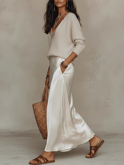 2026 New Gray 2pcs Outfit, Dropped Shoulder Top with Slip Maxi Dress, Understated Chic, Versatile for City Strolls & Weekend Getaways